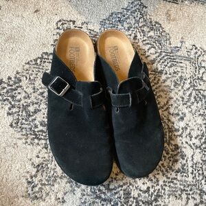 White Mountain Black Suede Clogs with Buckle